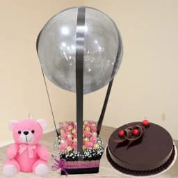 Lovely Pink Roses n Ferrero Rocher in Balloon Box with Chocolate Cake n Teddy 1