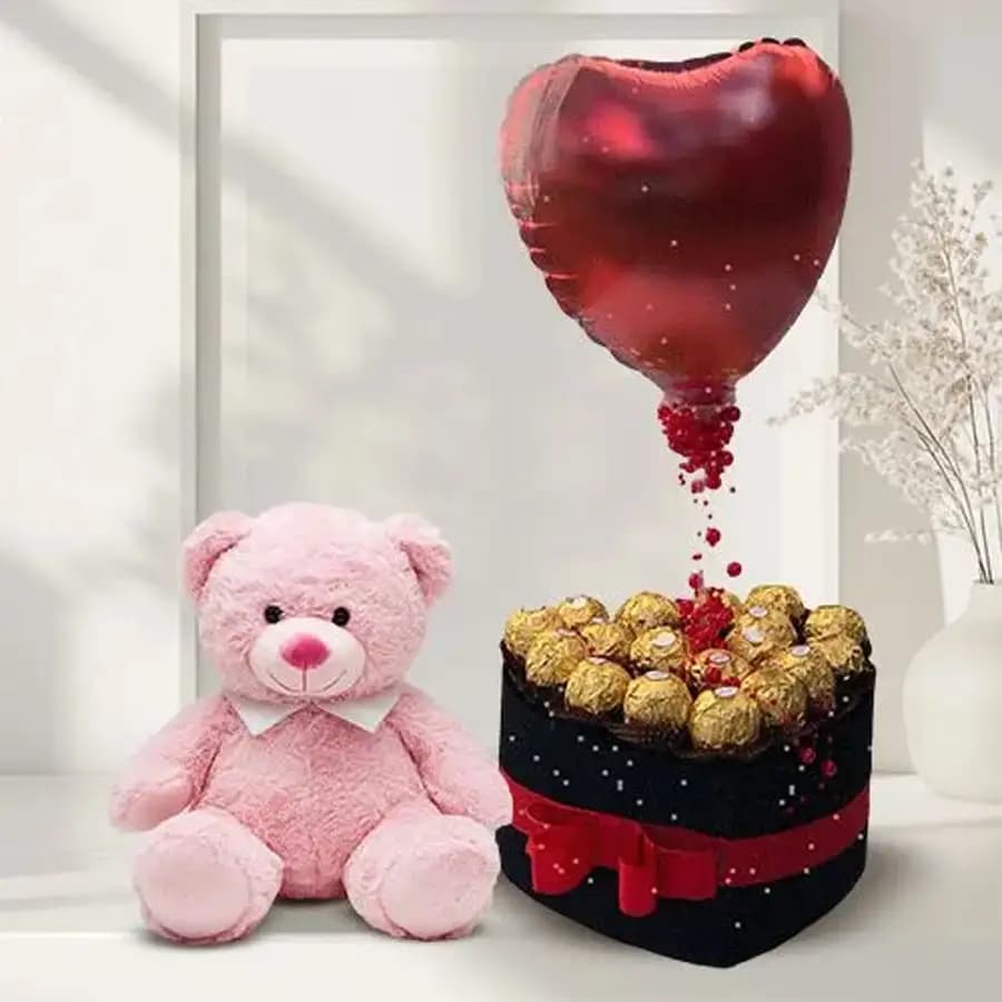 Delicious Ferrero Rocher n Heart Shape Balloon in Black Box with Teddy