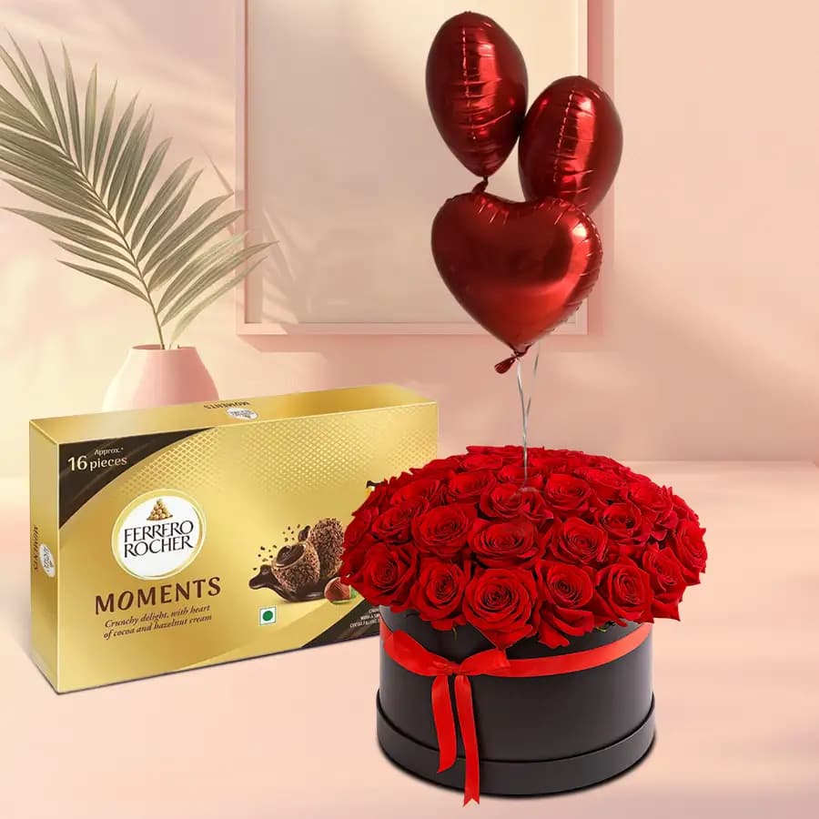 Gorgeous Display of Roses N Love Balloon in Black Box with Ferrero Moments
