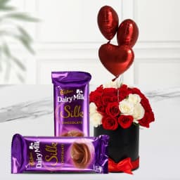 Breathtaking Black Box of Mixed Roses N Love Balloons with Cadbury Silk 1
