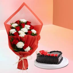 Dazzling Bouquet of Red Roses n White Carnation with Heart Shape Chocolate Cake 1