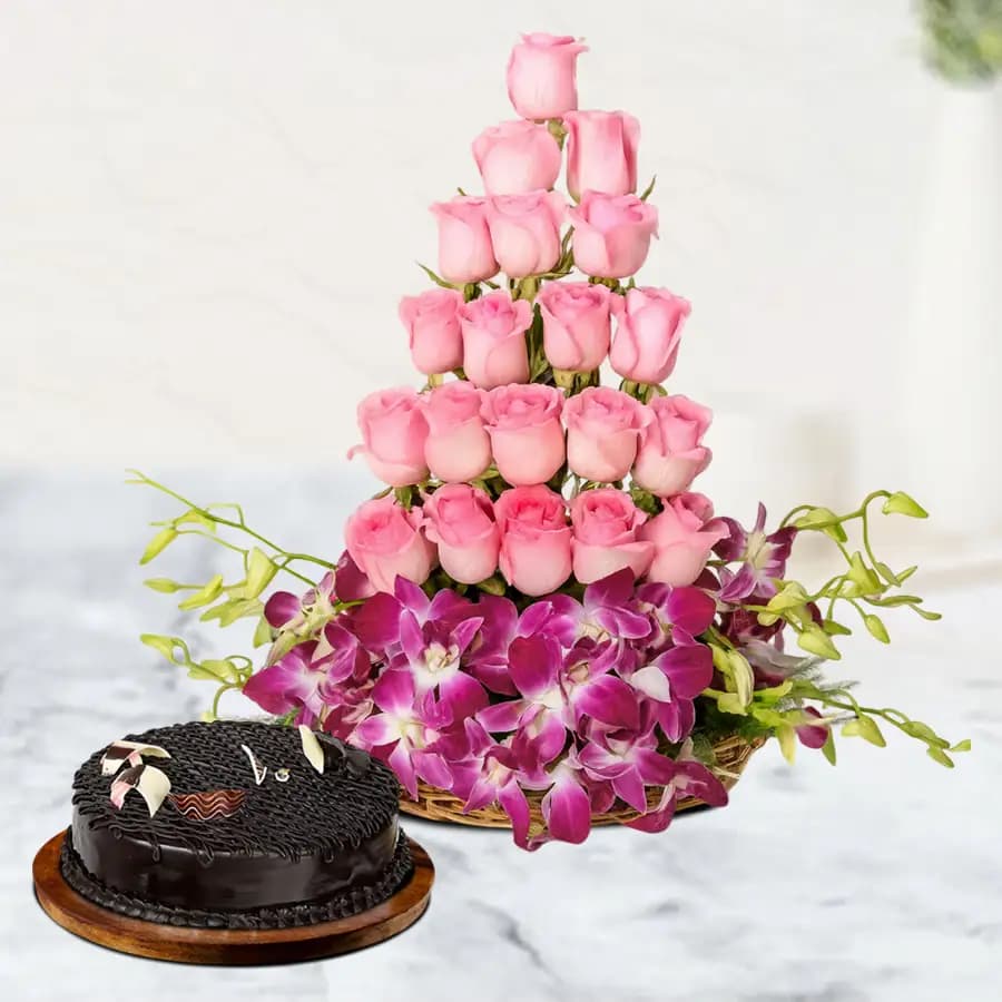 Wonderful Basket of Mixed Flowers with Chocolate Cake