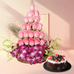 Gorgeous Mixed Flower Basket with Black Forest Cake 1