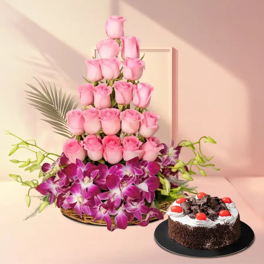 Gorgeous Mixed Flower Basket with Black Forest Cake