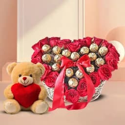 Admirable Basket full of Ferrero Rocher n Red Roses with a Love Teddy 1