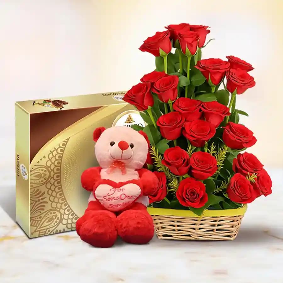 Romantic Rose Collection with Cuddly Bear & Gourmet Chocolates