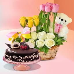 Admirable Arrangement of 18 Mixed Roses with 6in Teddy N 1lb Chocolate Cake 1