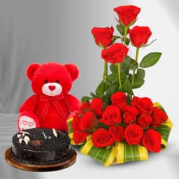 Attractive Dutch Rose Arrangement with Chocolate Cake N Teddy 1