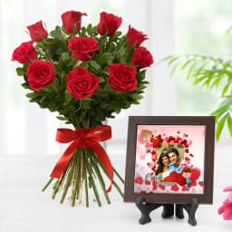 Romantic Combo of Red Rose Bouquet with Personalized Photo Tile 1