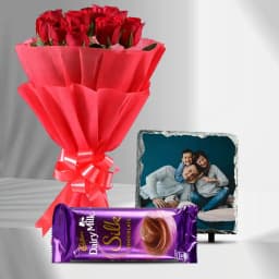 Exquisite Red Rose Bunch with a Cadbury Chocolates Bar and a Personalized Photo Tile 1