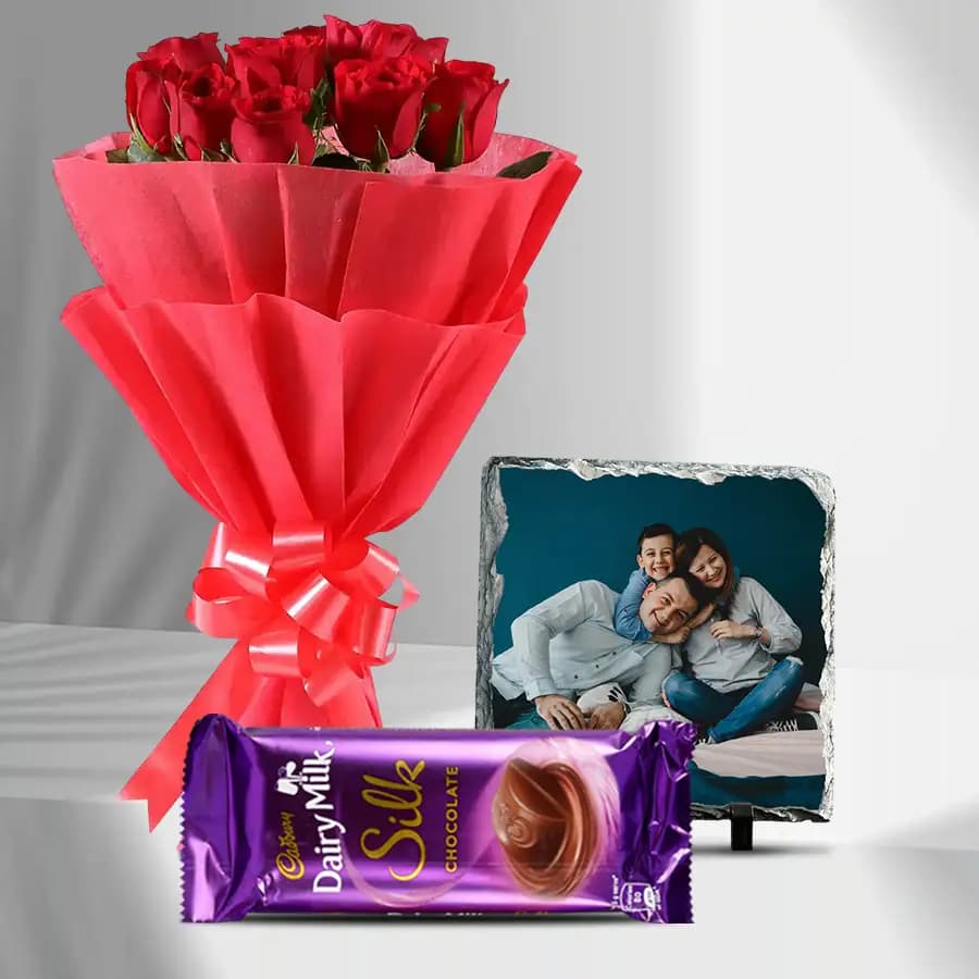 Exquisite Red Rose Bunch with a Cadbury Chocolates Bar and a Personalized Photo Tile