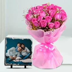 Delightful Pink Roses with a Personalized Photo Tile 1