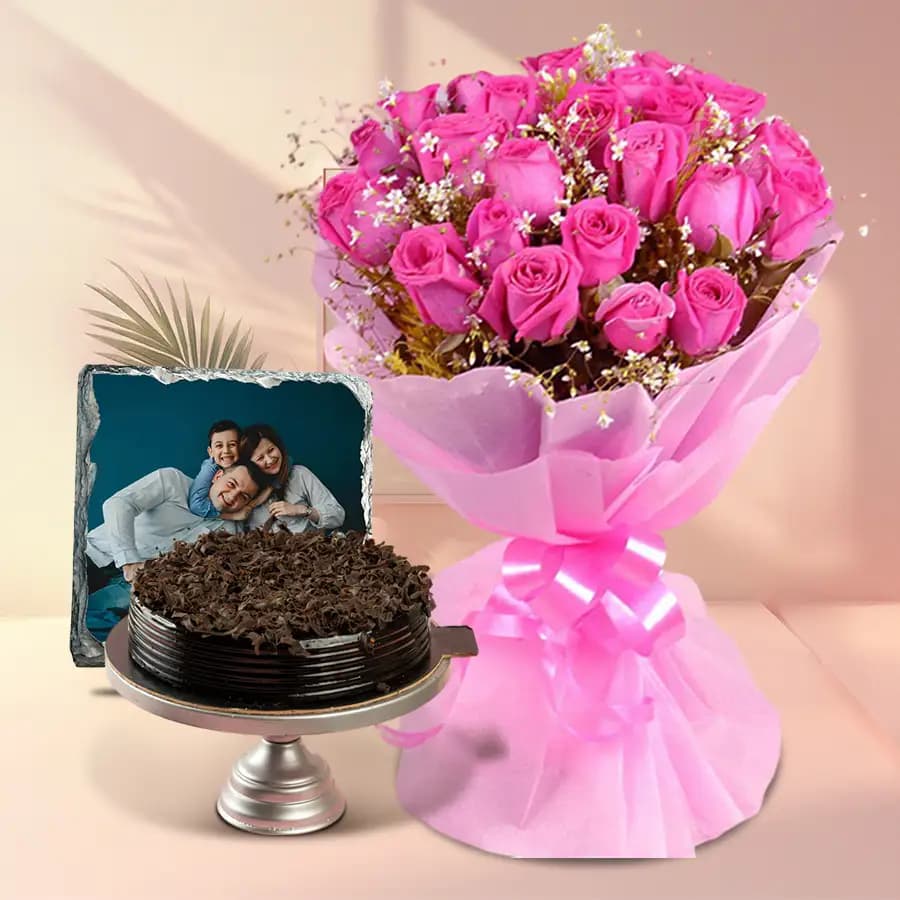 Exquisite Pink Rose Bouquet with Chocolate Cake and a Personalized Tile