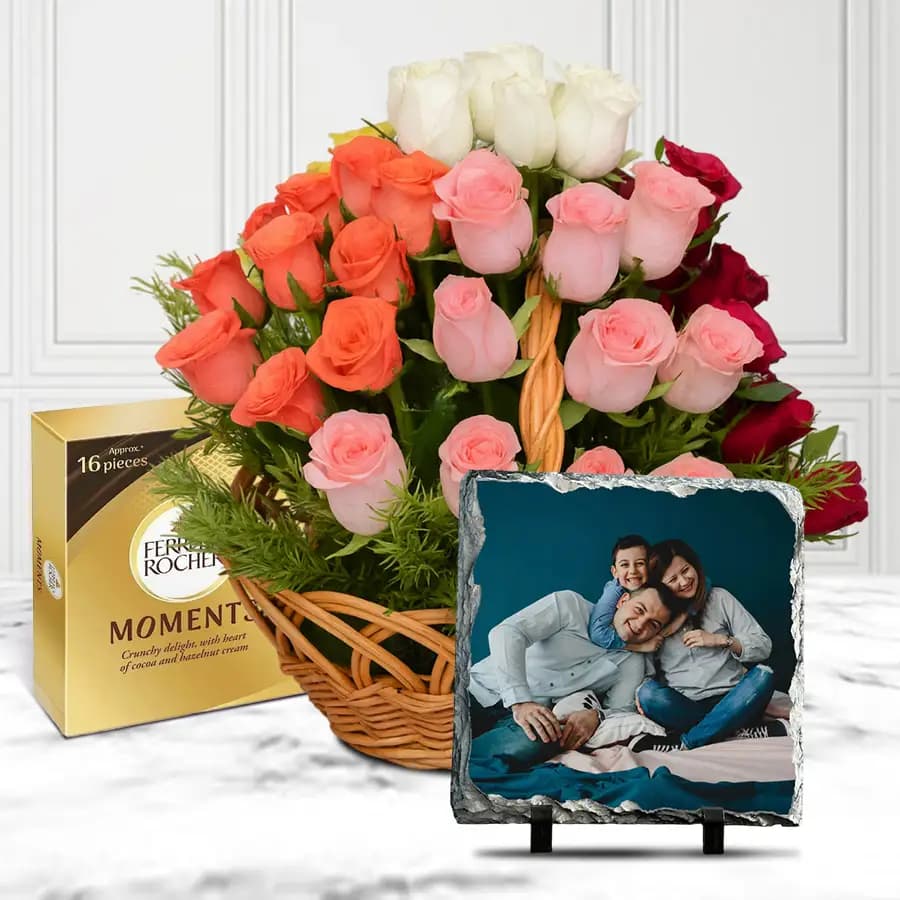 Exclusive Mixed Rose Arrangement with Ferrero Rocher Chocolates n Personalized Photo Tile