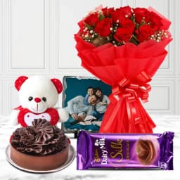 Charismatic Rose Bouquet with a Chocolate Cake Photo Tile Cadbury Chocolate n Teddy 1