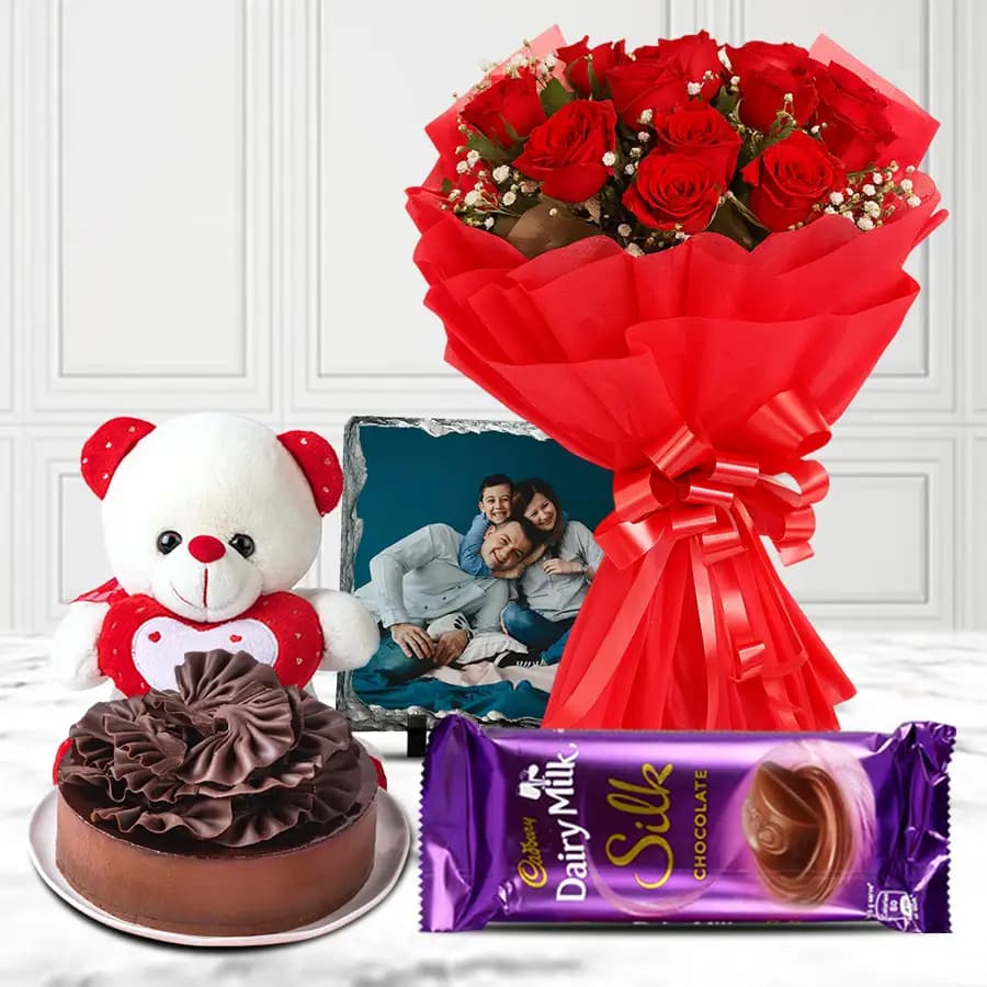 Charismatic Rose Bouquet with a Chocolate Cake Photo Tile Cadbury Chocolate n Teddy