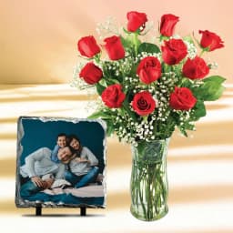 Classy Red Roses in Vase with a Personalized Photo Tile 1