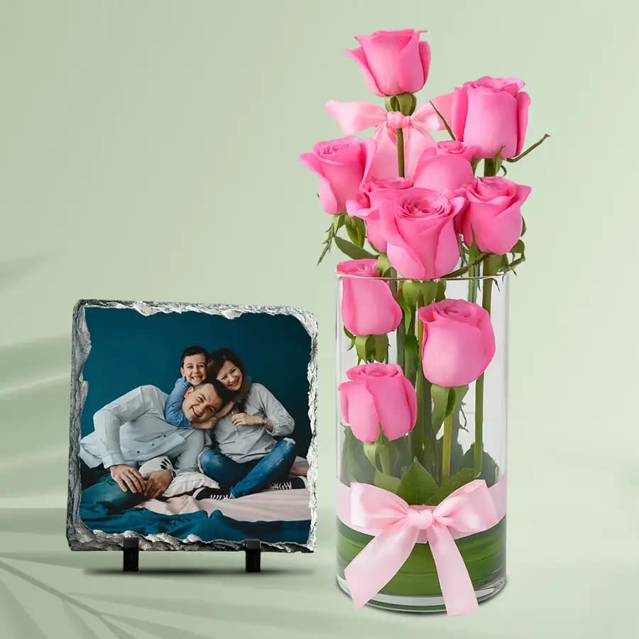 Classy Pink Roses in Vase with a Personalized Photo Tile