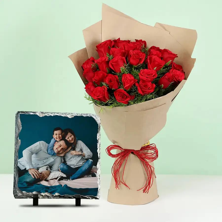 Amazing 30 Red Roses with a square Personalized Photo Tile