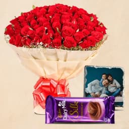 Appealing 50 Red Roses with a Cadbury Silk Chhocolate n Personalized Photo Tile 1