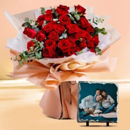 Charming Two Dozen Red Rose Bouquet with a Personalized Photo Tile 1