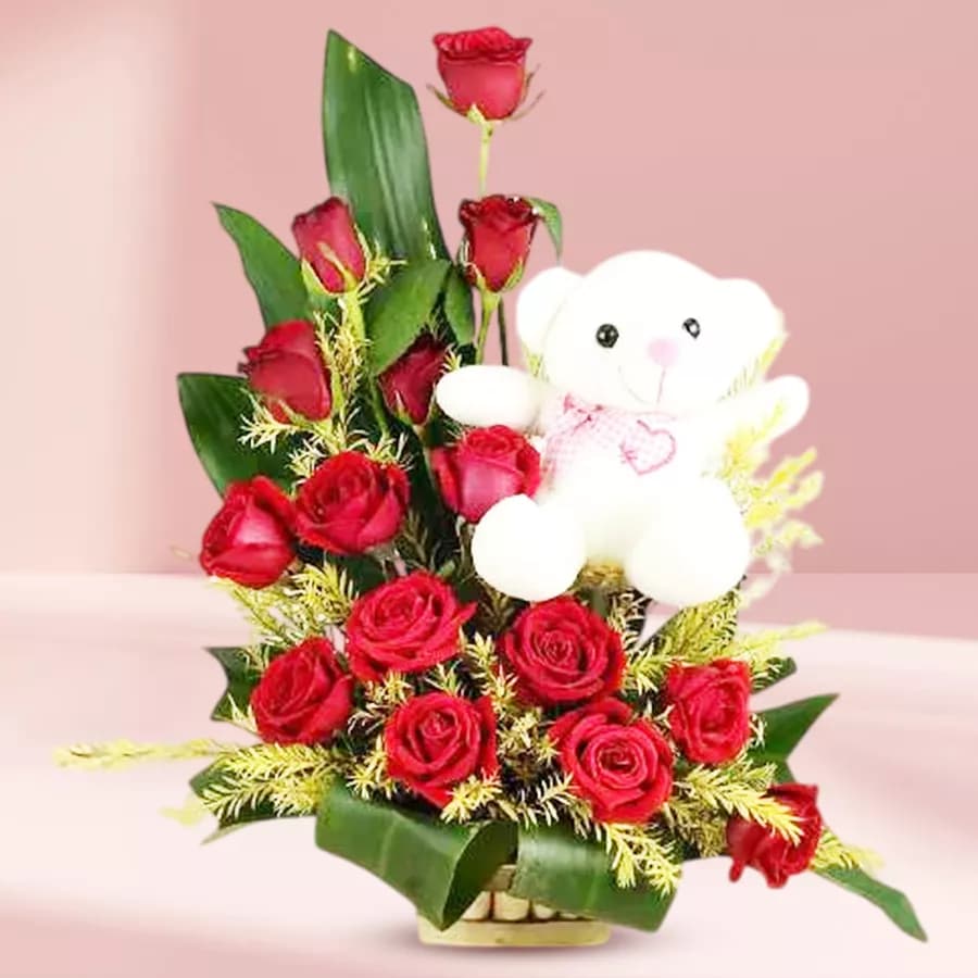 Charming Teddy Embraced by Roses