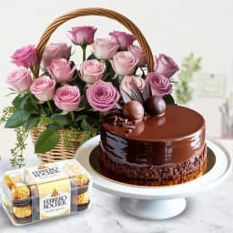Elegant Pink Rose Surprise with Decadent Cake 1