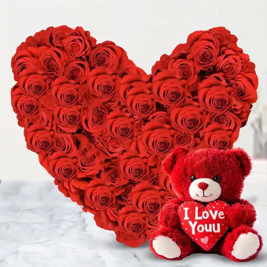 Romantic Teddy Bear & Red Rose Combo