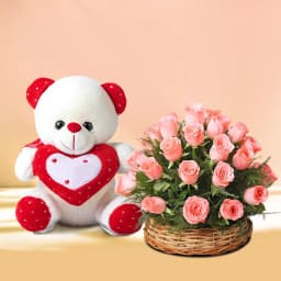 Sweet Serenity: Pink Roses with Cuddly Bear 1