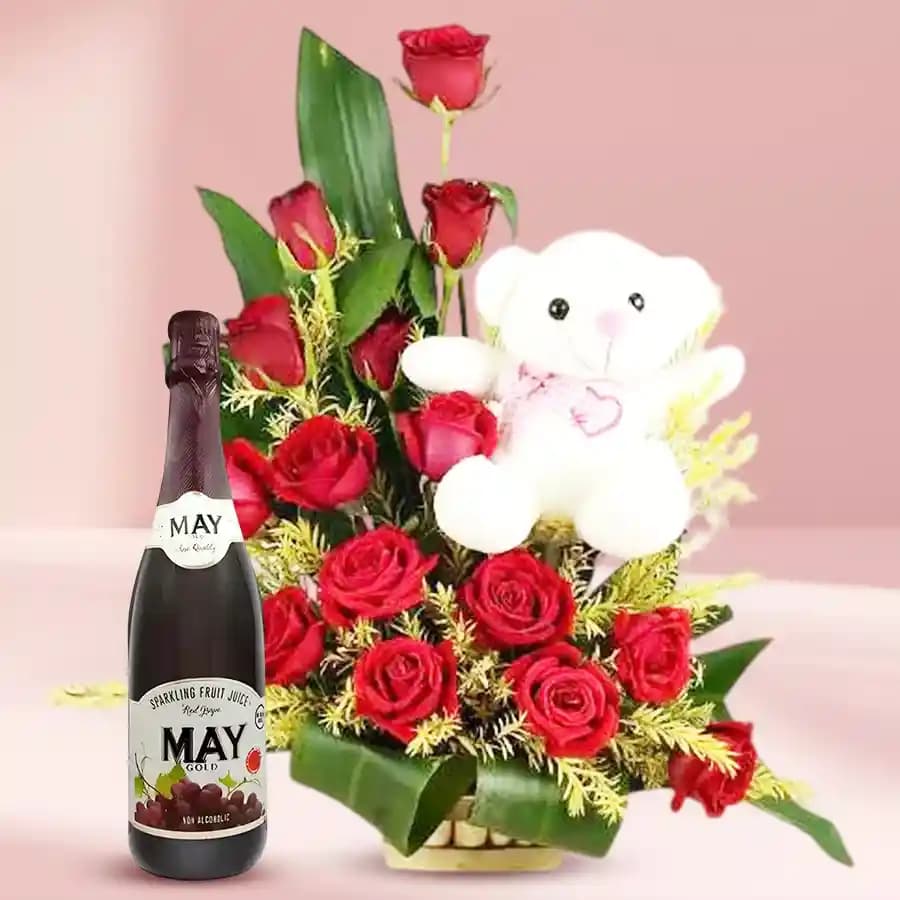 Charming Teddy with Floral Delight & Beverage