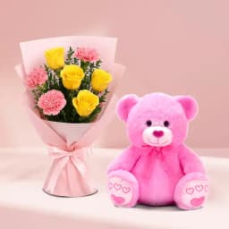 Romantic Floral Bouquet with Plush Bear 1