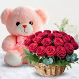 Heartfelt Delight: Red Roses & Cuddly Bear 1