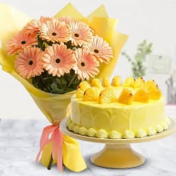 Sunny Bliss: Peach Gerbera Bouquet & Pineapple Cake Set 1