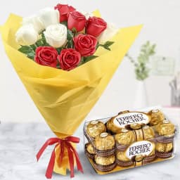 Elegant Red and White Rose Delight with Chocolates 1