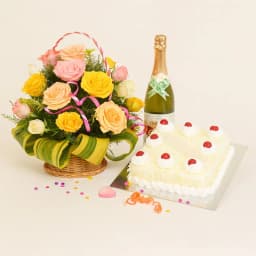 Charming Blossom Basket with Cake and Refreshment 1