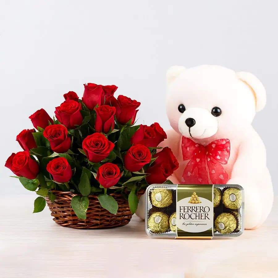 Elegant Red Rose Bouquet with Adorable Plush Bear