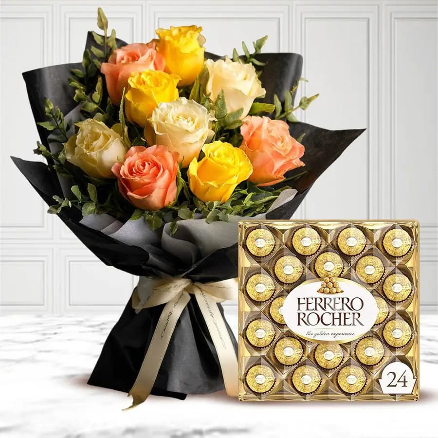 Elegant Peach & Yellow Rose Bouquet with Gourmet Chocolates