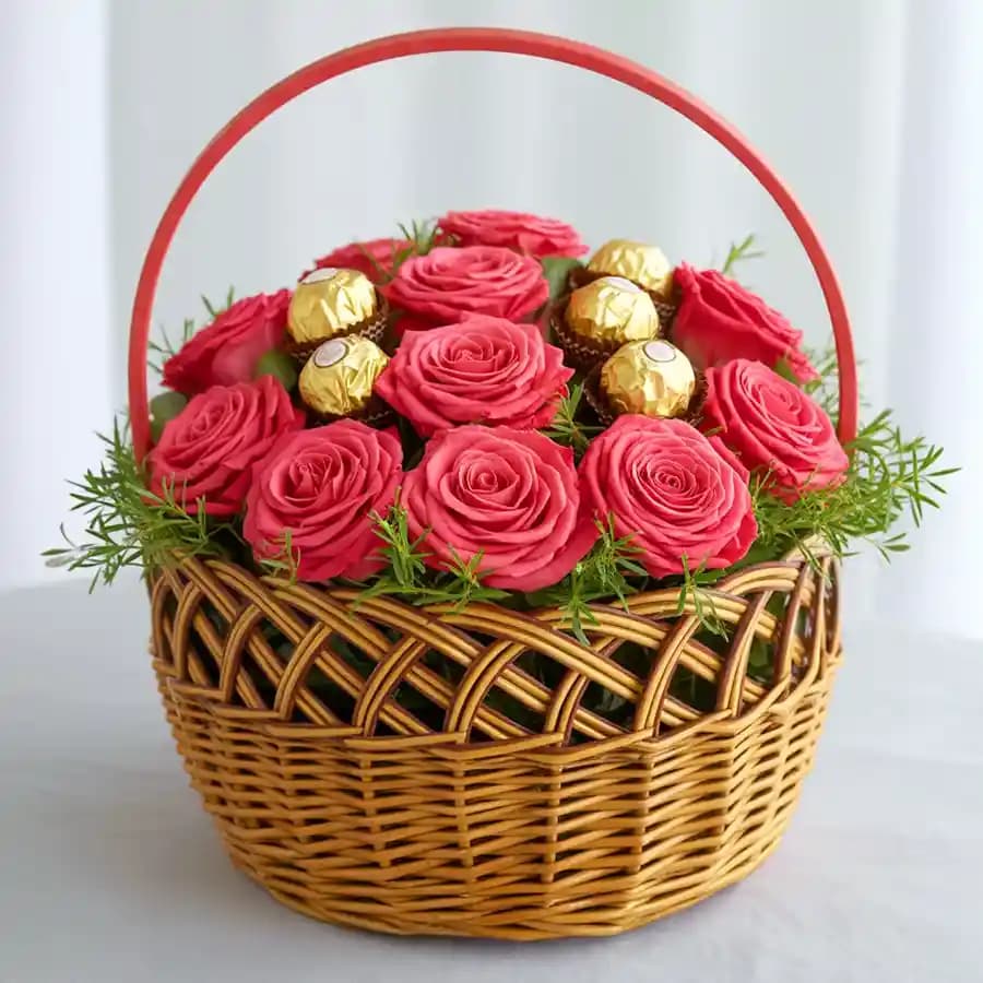 Romantic Blooms and Gourmet Treats Basket
