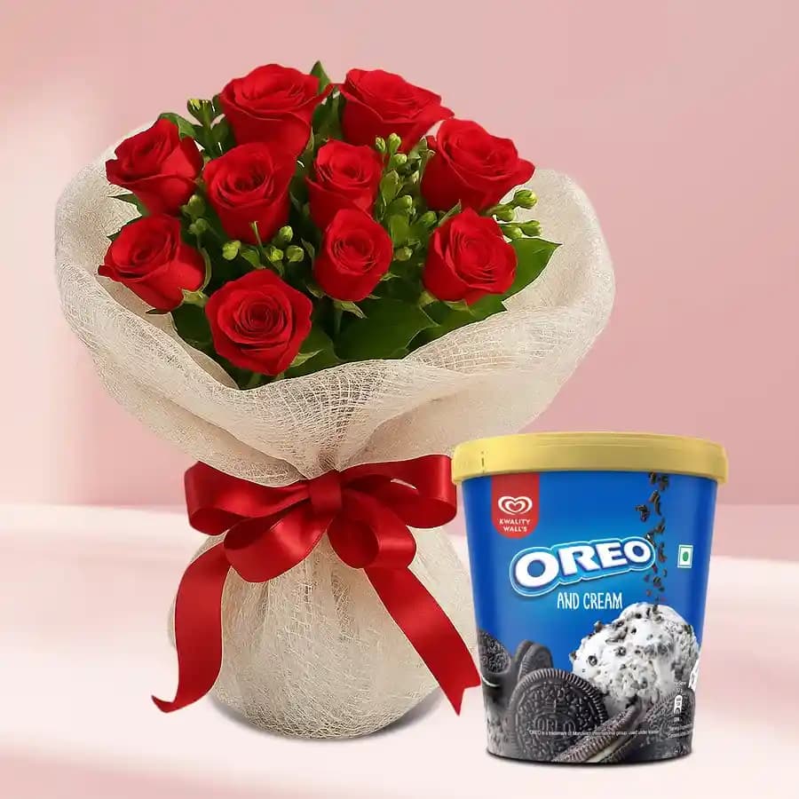 Beautiful Red Roses Bouquet with Kwality Walls Oreo Ice Cream Tub