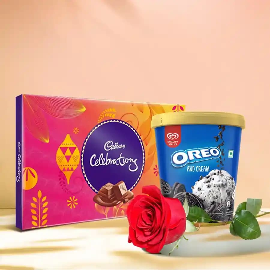 Yummy Treat of Cadbury Celebration n Kwality Walls Oreo Ice Cream with a Rose