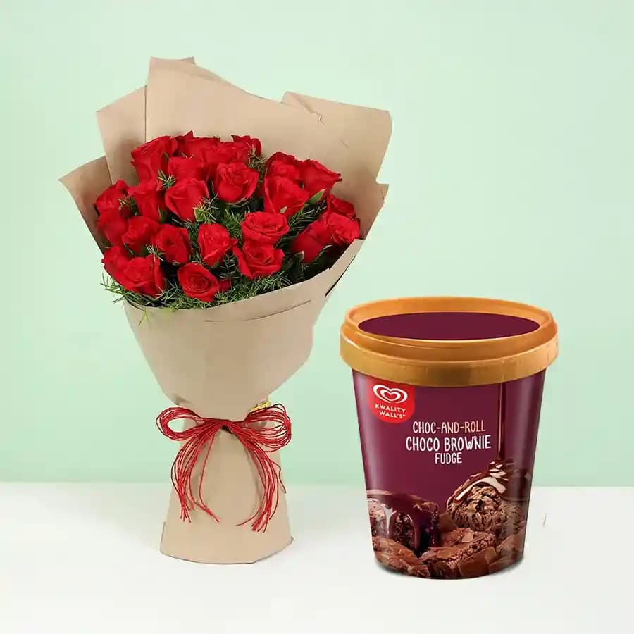 Blushing Red Roses Bouquet with Kwality Walls Choco Brownie Fudge Ice Cream