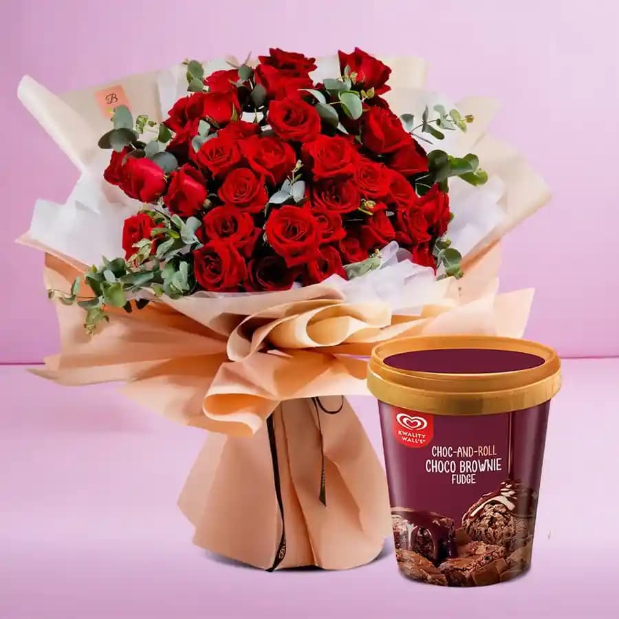 Expressive Red Roses with Kwality Walls Choco Brownie Fudge Ice Cream