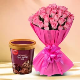 Gorgeous Pink Roses Bouquet with Kwality Walls Choco Brownie Fudge Ice Cream 1
