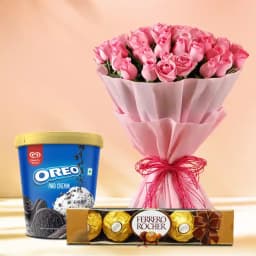 Pretty Pink Roses with Kwality Walls Oreo Ice Cream n Ferrero Rocher 1