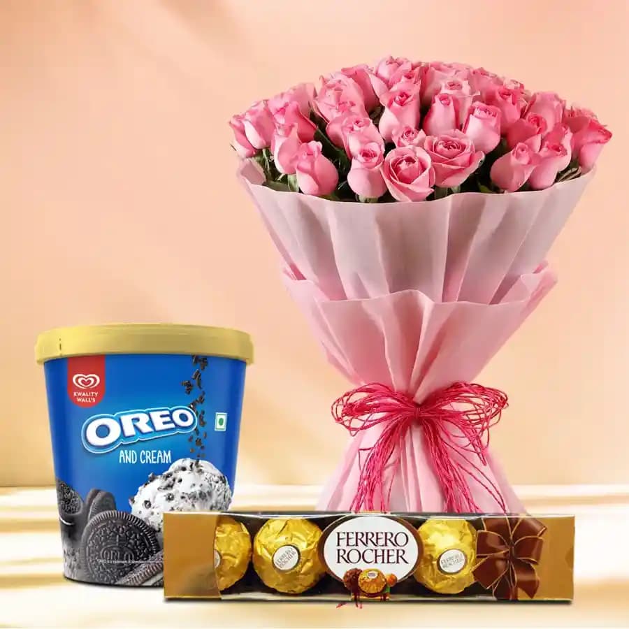Pretty Pink Roses with Kwality Walls Oreo Ice Cream n Ferrero Rocher