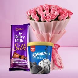 Special Pink Roses Bouquet with Kwality Walls Oreo Ice Cream n Cadbury Chocolate 1
