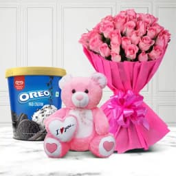 Mesmerizing Pink Roses with Kwality Walls Oreo Ice Cream n Love Teddy 1