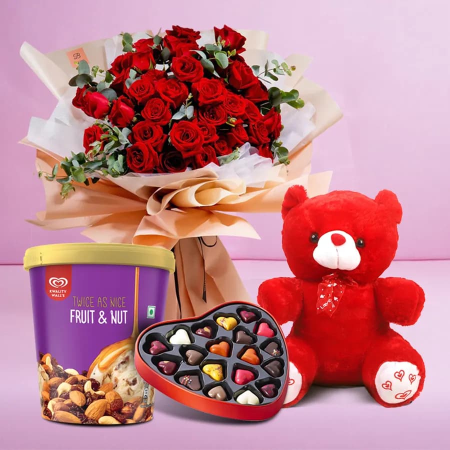 Gorgeous Red Roses n Kwality Walls Twin Flavor Ice Cream with Teddy n Handmade Chocolates