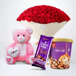 Magnificent Red Roses n Kwality Walls Twin Flavor Ice Cream with Teddy n Cadbury Silk 1