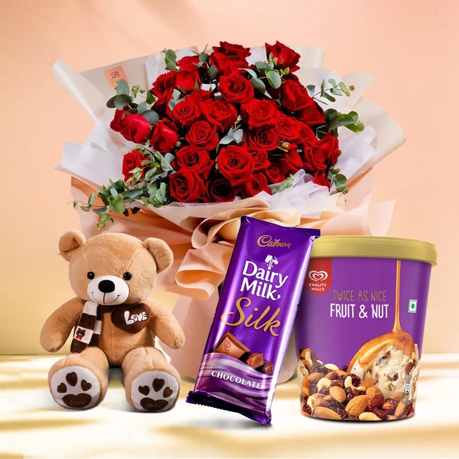 Captivating Red Roses Bouquet with Kwality Walls Twin Flavor Ice Cream n Teddy